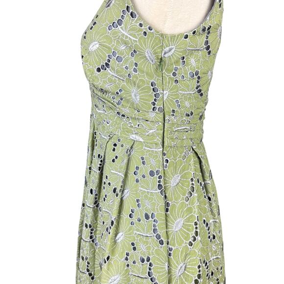 eShakti Sage Green Embroidered Eyelet Floral Fit & Flare Sleeveless Pleat Dress - Picture 7 of 13